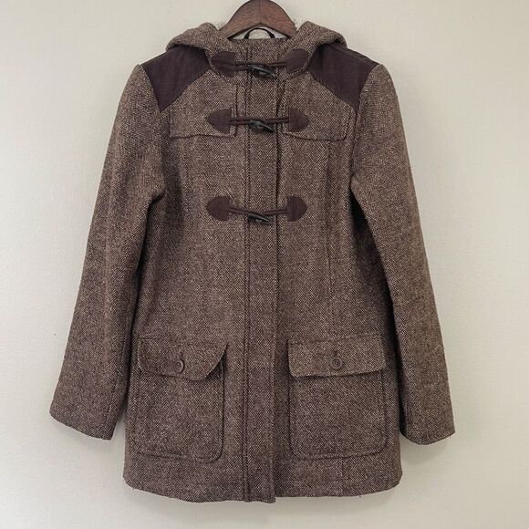 Prana Megan Wool Brown Tweed Hooded Toggle‎ Duffle Coat Jacket Womens Medium - Picture 1 of 10